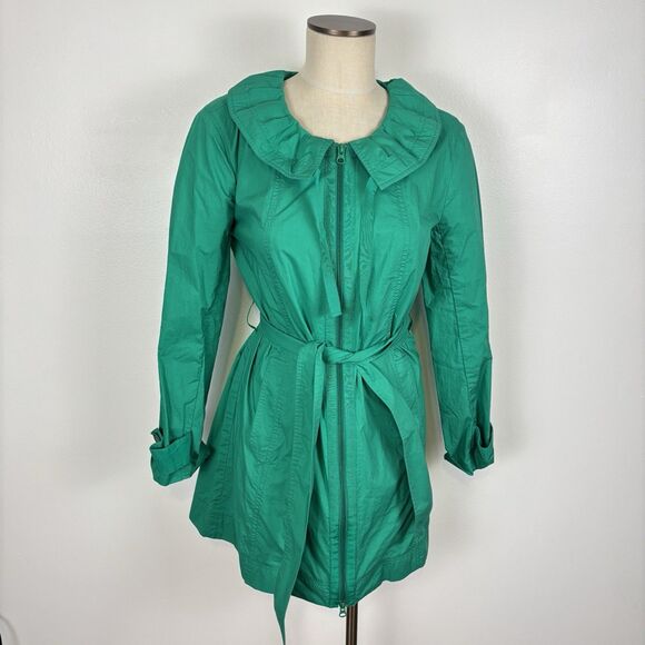 Kristin Davis Med Green Lightweight Trench Coat Style Jacket Ruffle Collar Belt - Picture 2 of 9